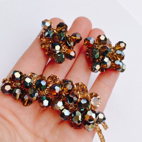 VTG Juliana Mid Century Cha Cha Brooch Earrings Set Gold Tone AB Beads Root Beer - Picture 2 of 14